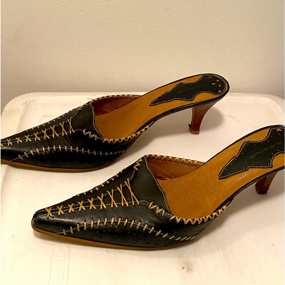 Pazzo Sexy Blue with beige stitching Leather Wood Slides 9 1/2 M - Picture 1 of 8